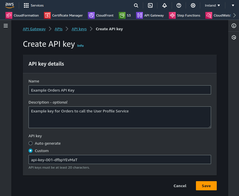 API Key creation for service client
