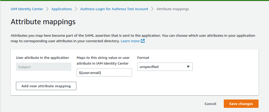 AWS SSO application attributes for subject