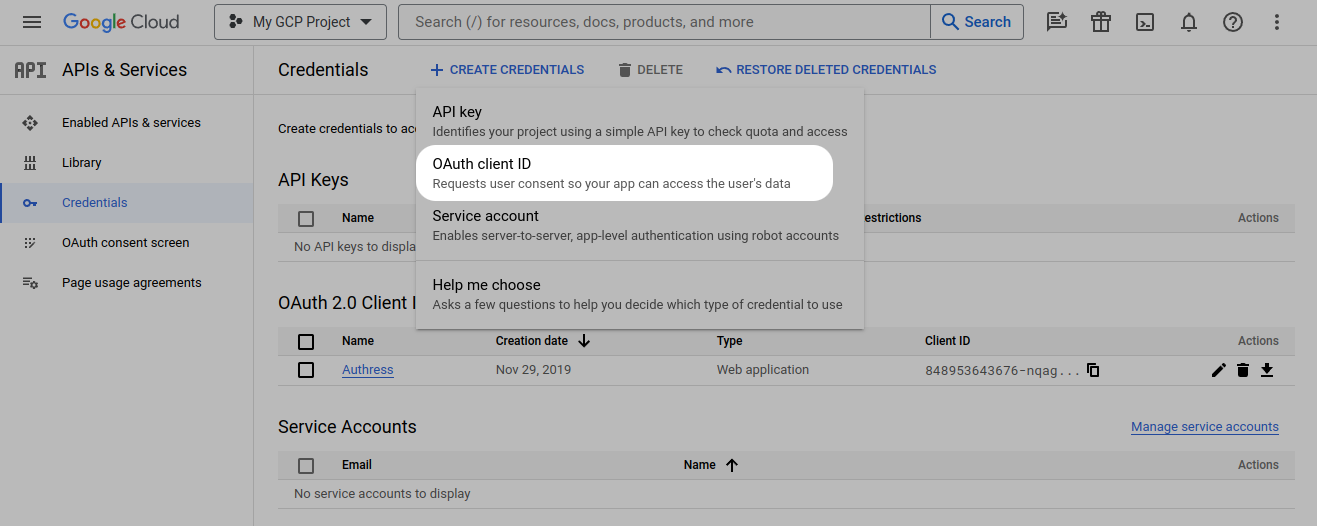 Google OAuth Client creation