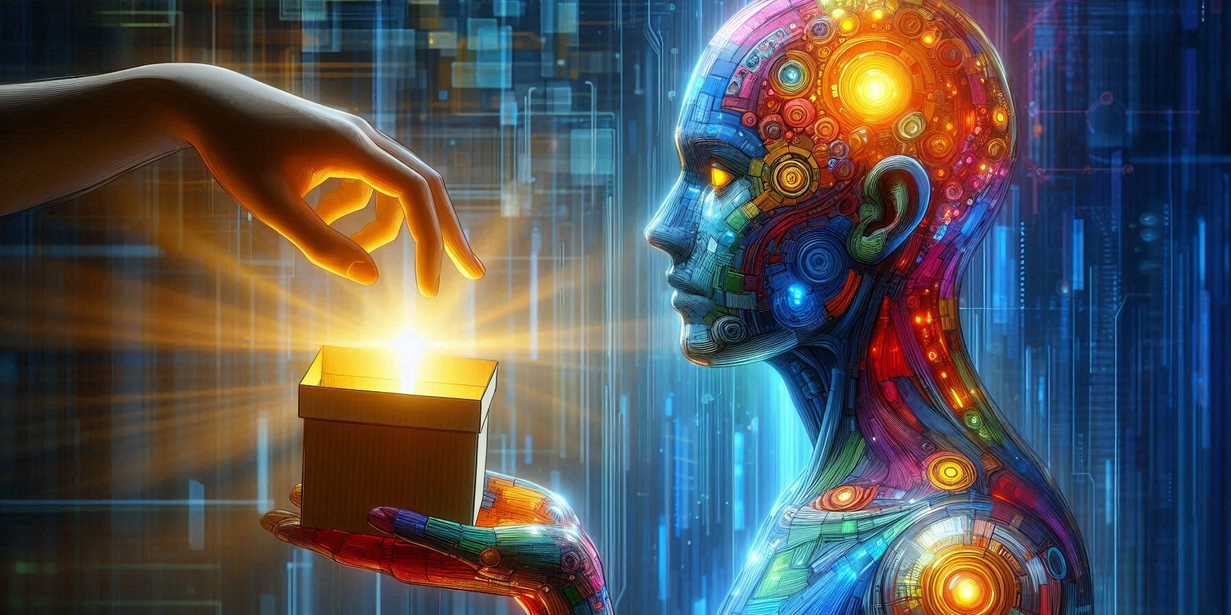 A digital avatar giving a box of virtual components to another digital avatar
